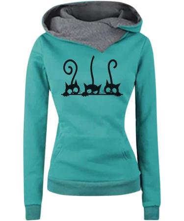 Bigfanshu Women's Casual Cat Printing Long Sleeve Pullover Shirts Tops Blouse Sweatshirt Female Hoodie Women Blue - Buy Online on GoSupps.com