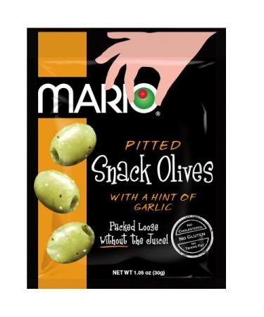 Mario Camacho Foods Pitted Snack Olives, Seasoned Green Garlic Olives, 1.05 Ounce, Pack of 12