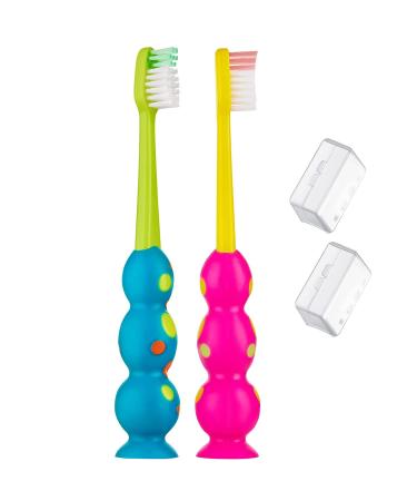 Trueocity Kids Toothbrush 2 Pack - Soft Contoured Bristles - Child Sized Brush Heads (3-10 Year Old) - Suction Cup for Fun & Easy Storage - Girl & Boy Set (2-Pack Multi-Color) 2 Count (Pack of 1) Multi-color