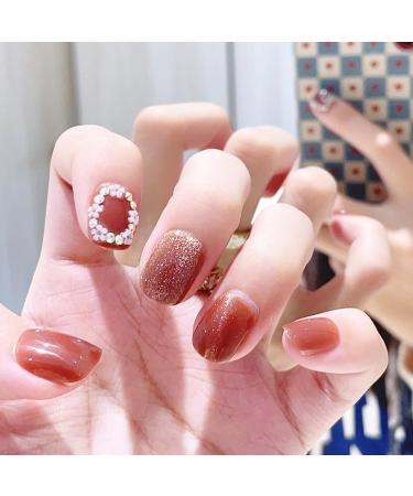 MENILITHS 24Pcs/Set Short Flower Cat Eye False Nail False Nails Sticker False Nails Acrylic Fake Nails Full Cover Nails Tips Artificial Finger Manicure for Women and Girls