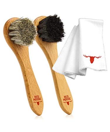 RED MOOSE 3pc Shoe Shine Kit - Shoe Brush and Cleaning Cloth Set - 2 Premium Horsehair Cleaning Brushes and X-Large Buffing Cloth - Leather Polish and Care Set for Shoes and Boots
