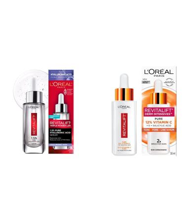 L'Or al Paris 1.5% Pure Hyaluronic Acid Serum + 12% Pure Vitamin C Face Serum (Revitalift) Hyaluronic Acid Serum - 30mL + Serum 30mL