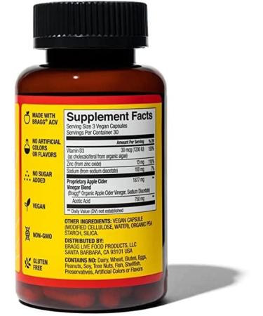 Bragg Original Apple Cider Vinegar Capsules with Vitamin D3, Zinc & Phytoceramide - 750mg Acetic Acid - Weight Management & Skin Hydration - Non-GMO Vegan Gluten-Free - Buy Online on GoSupps.com