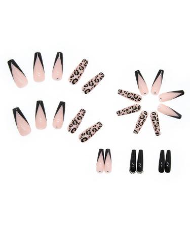 Black Leopard Extra Long Nude Coffin Press on Nails - 24PCS Luxury Acrylic Glossy False Nails for Women and Girls - Buy Online on GoSupps.com