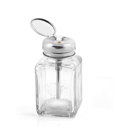1 Pcs 4 Oz Square Clear Glass Nail Polish Remover Bottles Empty Push Down Pump Dispenser Container with Stainless Steel Cap Portable Metal Core Makeup Remover Holder Automatic Liquid Dispenser Tools