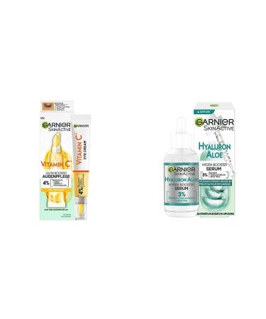 Garnier vitamin C anti-tired eye cream & moisturizing serum for a tight and radiant complexion with soothing aloe vera and hyaluronic acid Skin Active 30 ml bundle with serum