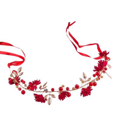 Amosfun Elegant Flower Wedding Bridal Headband Twisted Bead Crystal Handmade Ribbon Headdress for Bride Bridesmaid (Red)