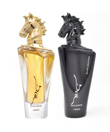 Lattafa Maahir 2-Piece Set for Unisex (3.4 Oz Maahir Eau De Parfum Spray + 3.4 Oz Maahir Black Edition Eau De Parfum Spray) 3.4 Fl Oz (Pack of 2)