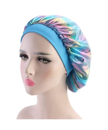 Hair Bonnet for Sleeping  Elastic Band Laser Shower Cap Night Sleep Hat Gifts for Frizzy Hair Women (Blue)