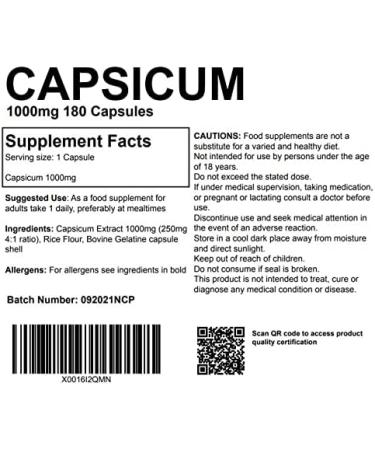 Capsicum Chilli Extract 1000mg 180 Capsules UK Made - Pharmaceutical Grade Cayenne Pepper for Thermogenic Benefits - Buy Online on GoSupps.com
