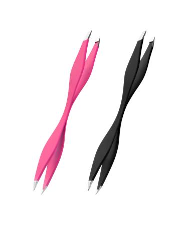 NUOMI 2 Pack Eyebrow Tweezers Double Ends Stainless Steel Tweezers Makeup Tools with Slant/Pointed Tips for Removing Facial Hair Ingrown Hair Pink and Black
