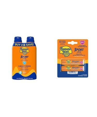 Banana Boat Sport Ultra SPF 30 Sunscreen Spray | SPF 30 Spray On Sunscreen Water Resistant Sunscreen & Sport Ultra SPF 50 Lip Sunscreen 2 Pack | SPF Lip Balm Pack SPF 50 Oxybenzone Free Sunscreen