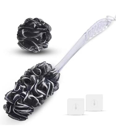 Loofah Charcoal Back Scrubber Set - 1 Long Handle Brush, 1 Large Mesh Pouf, 2 Hooks - Shower Sponge for Men and Women - Buy Online on GoSupps.com