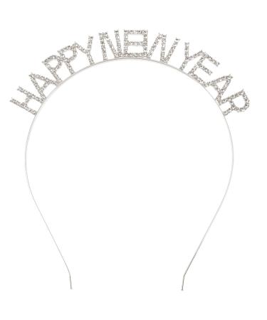 minkissy HAPPY NEW YEAR Headband 2024 rhinestone Headpieces NYE Headwear Christmas Holiday Party Hair Accessory for Women Silver