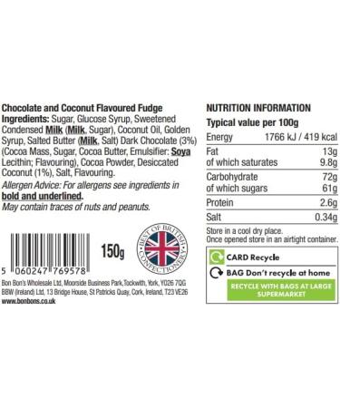Bon Bon's Gourmet - Chocolate & Coconut Fudge Bag Handmade British Fudge 150g - Buy Online on GoSupps.com