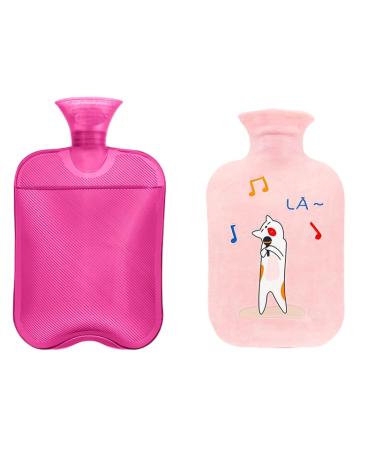 MYAMIA 2L PVC Hot Water Bottles Water Injection Bag Winter Hand Foot Warmer Pain Relief Hot Water Bag-Pink + Cover 1