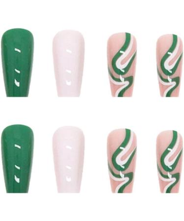 Justotry 24 Pcs Long Emerald Green Swirl Press On Nails | Coffin Patterns Nude Ballerina Stick on Nails | Acrylic False Nails with Glue for Women - Buy Online on GoSupps.com