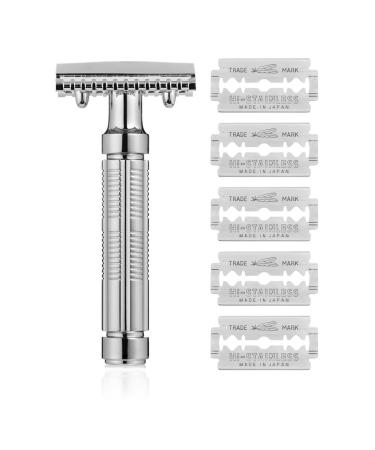 Mr. Fine Premium Double Edge Safety Razor for Wet Shaving Single Blade Razor Close Shave Open-Comb Guard 100% Metal w/Stainless Steel Core 5 Feather Blades