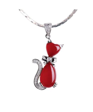 DNCG Quartz Healing Crystal Necklace Cat Shape Red Agate Pendant Necklace Clavicle Chain with Silver Necklace Women's Jewelry Necklace Crystal Point Pendant Necklace