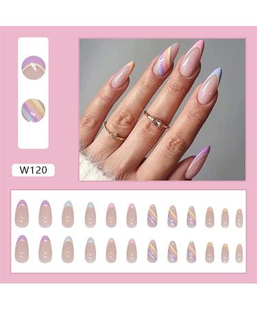 BSLVWG 24-Piece Almond Press On Nails - Multi-Colored French Wave Pattern Short False Nails for Women - Oval Artificial Nails with Glue for Nail Art - Buy Online on GoSupps.com
