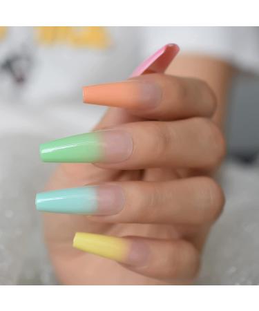Rainbow Ombre Coffin Fake Nails Set - Glossy Nude Ballet Acrylic False Nail Tips for Women - Buy Online on GoSupps.com