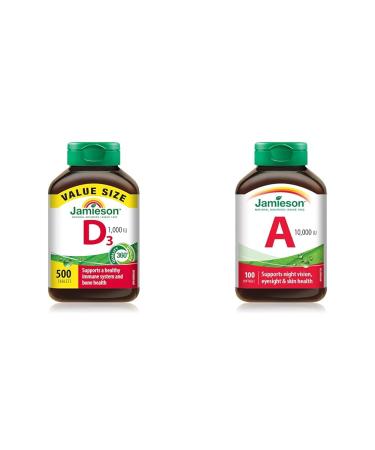 Jamieson Vitamin D 1 000IU 500 Tablets & Vitamin A 10 000 IU 100 Count (Pack of 1) Vitamin + VITAMIN