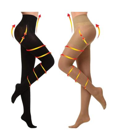 Yisemeya 2 pair of medical compression stockings women long 20-30 mmHg support stockings women opaque toe wrap compression tights women class support for varicose veins edema s beige and black