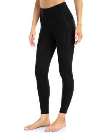 IBL Women's Spandex Buttery Soft Leggings High Waist Yoga Running Pants with Pockets 27" Inseam Medium Black