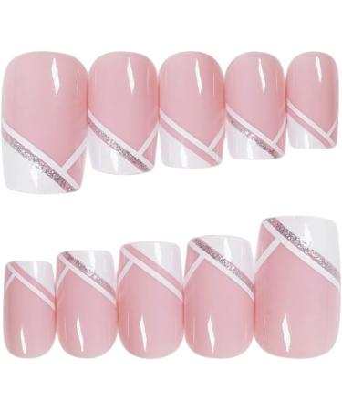 JUSTOTRY 24 Pcs Square White French Glitter Fake Nails with Nail Glue - Short False Nails for Women - Buy Online on GoSupps.com