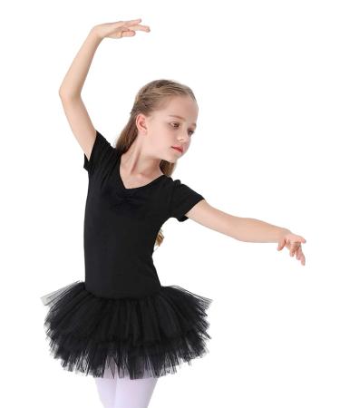Girls Ballet Tutu Leotard Children Cotton Dance Short Sleeve Skirts Costumes Dress Up Outfit Black 5-7 Years