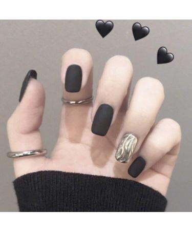 Sethain matt square false nails tips black silver short shaft wrong fingernails complete cover 24 pieces press on nail for women and girls