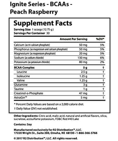 Ignite Series BCAA - Peach Raspberry Amino Acids for Muscle Recovery & Hydration | 13 oz Tub (30 Servings - Buy Online on GoSupps.com