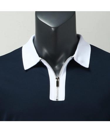 Shirt Sleeve Turn Down Blouse Men's Zipper Collar Splice Solid Polos Casual Men's Blouse Dress Shirts for Men Big Tall Dark Blue L - Buy Online on GoSupps.com