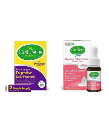 Culturelle Pro Strength Daily Probiotic Capsules Probiotics for Men & Women 60 Count 2 Months + Baby Digestive Calm & Comfort Probiotic (Age 0-12 Mos) Helps Periodic Colic Gas Fussiness 8.5 ml
