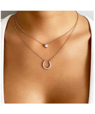 Layered Lucky Horseshoe Necklace Gold Rhinestone Pendant Necklace Choker Luxury Solitaire Crystal Necklace Vintage U Shape Necklace Jewelry for Women and Girls Gifts
