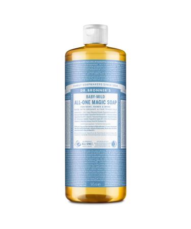 Dr Bronner's Baby Mild All-One Magic Soap Made with Organic Oils Used for Face Hair Babies Laundry and Dishes Certified fair Trade & Vegan Friendly 945ml Recycled Bottle Baby Mild All-One Magic Soap 945ml