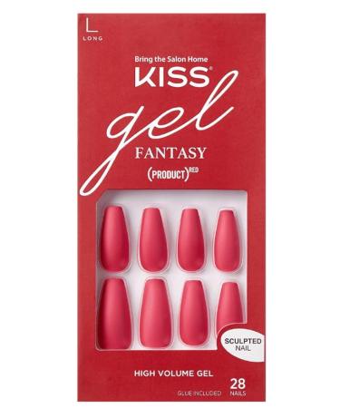 KISS (PRODUCT) RED Gel Fantasy Sculpted Fake Nails 'Love'  Ready-to-Wear Gel Nails  Long  Coffin  Red Gel Nail Kit with Pink Nail Glue  Manicure Stick  Mini Nail File  and 28 Glue-On Nails