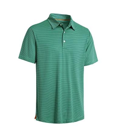 Men's Golf Polo Shirts Short Sleeve Striped Performance Moisture Wicking Dry Fit Golf Shirts for Men Green Stripe Large
