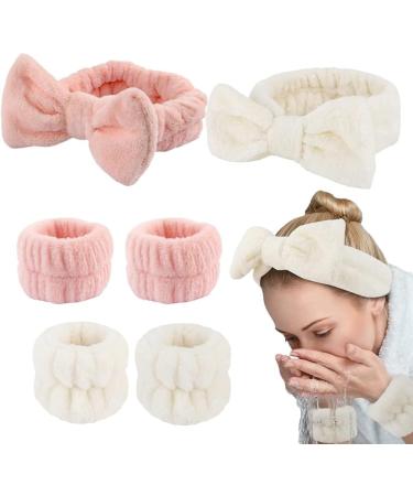 Limtula 1set Elastic Women Shower Hairband & Wristband Cute Bowknot Plush Face Wash Hairband Home Makeup Headband Wristband Pink 3piece set - Buy Online on GoSupps.com