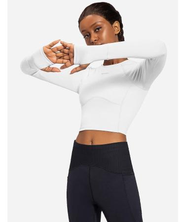 BALEAF Women's Long Sleeve Crop Workout Shirt - White | Slim Fit Top for Gym, Yoga, Running - Medium - Buy Online on GoSupps.com