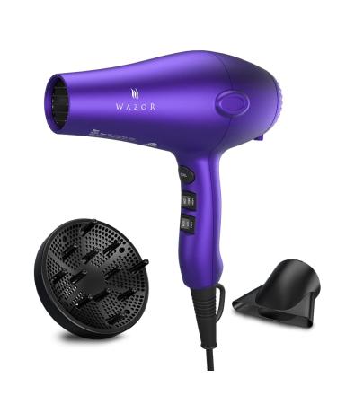 Wazor 3rd Generation Lightweight Low Noise Hair Dryer ( 1875W Tourmaline Ceramic Negative Ionic Blow Dryer)2 Speed 3 Heat Settings Cool Shot with Diffuser Concentrator(Purple)