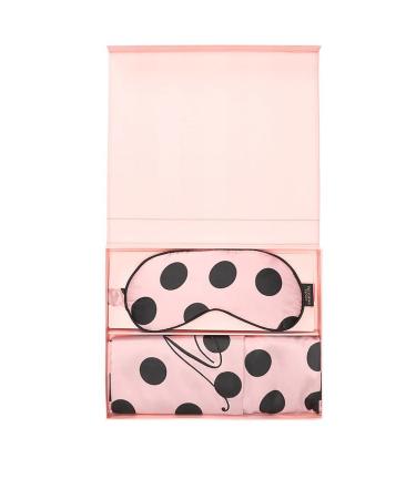 Victoria's Secret Signature Satin Pink Pillow Case & Eye Mask Gift Set (Pink W/Black Polka Dots)