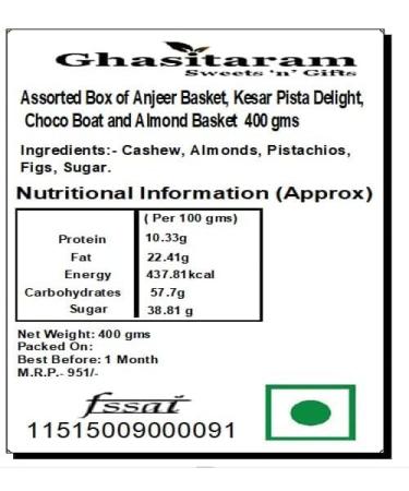 Ghasitaram Gifts Diwali Gifts Sweets - Assorted Box of Anjeer Basket Kesar Pista Delight Choco Boat and Almond Basket 400g 400 gms - Buy Online on GoSupps.com