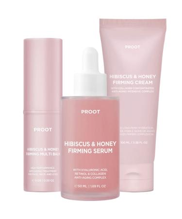 PROOT Hibiscus and Honey Firming Cream Serum and Multi Balm Bundle | Hibiscus and Honey Firming 3 Product Collection For Face Neck and Body | Neck Firming Cream and Balm with Skin Bounce Complex