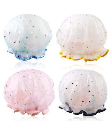4 Colors Cute Washable Shower Caps for Girls and Women  Reusable Double Layer Waterproof Shower Hat  Comfortable Elasticated Bath Cap for Women Beauty  Hair Spa  Travel Use