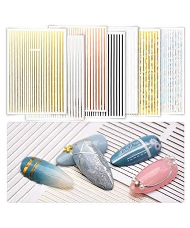 7 Sheets Nail Sticker Metallic Line Holographic Iridescent Set Gold Glitter Zebra 3D Strips Nail Decals Kit for Women (Mixed Colors - 7Pcs)