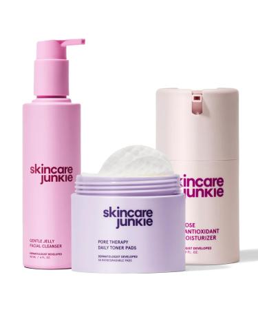 Skincare Junkie 3-Step Pore Therapy Routine Bundle (Cleanser + Toner Pads + Antioxidant Moisturizer) Fragrance-Free Vegan for Normal to Oily Skin