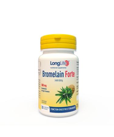 LongLife Bromelain Forte | Haute concentration 2400 GDU/g | Brom la ne issue de la tige d ananas | Drainage jambes et digestion | Haute teneur en enzymes | 30 comprim s enrob s | Sans gluten et v gan