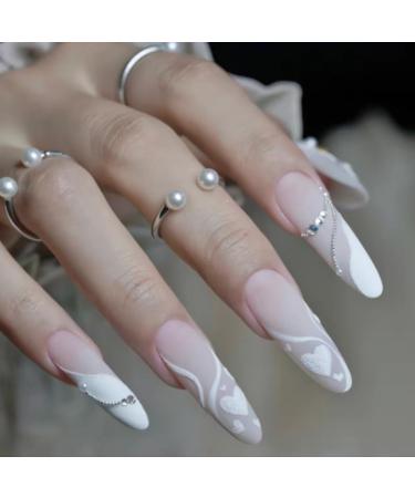 French Tip Press on Nails - Long Press On Nails with Nail Tips Love heart nail glitter rhinestones chain Fake Nails press on nails Acrylic False Nails Cute Artificial Nails