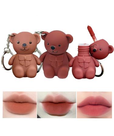 6Pcs Keychain Bear Lipsticks 2 in 1 Bear Keychain Velvet Matte Lipstick Lip Mud Set Waterproof Long Lasting No-Budge Clay Lip Mud Lip gloss Moisturizing Lip Stain Cute Bear Beauty Makeup (3PCS-Sweet girl)